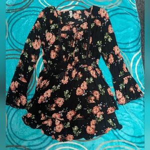 American Rag  Black Floral Lace-Up Bell-Sleeve Dress.Size XL